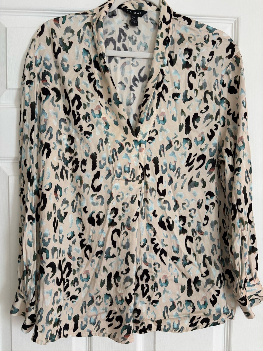 Tribal Beige Leopard-Print Button-Down Shirt with Teal Accents